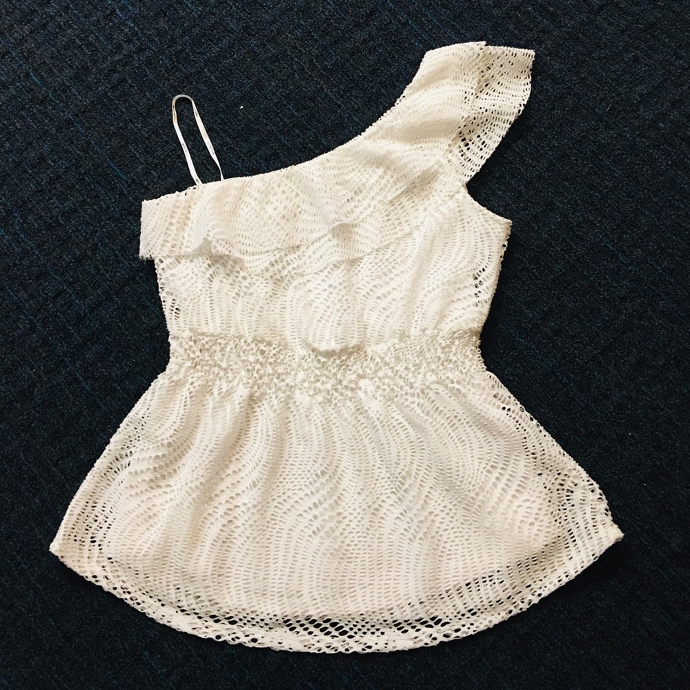 NWT Small Candies White Crochet Lace One Shoulder Elastic Waist Flare Blouse